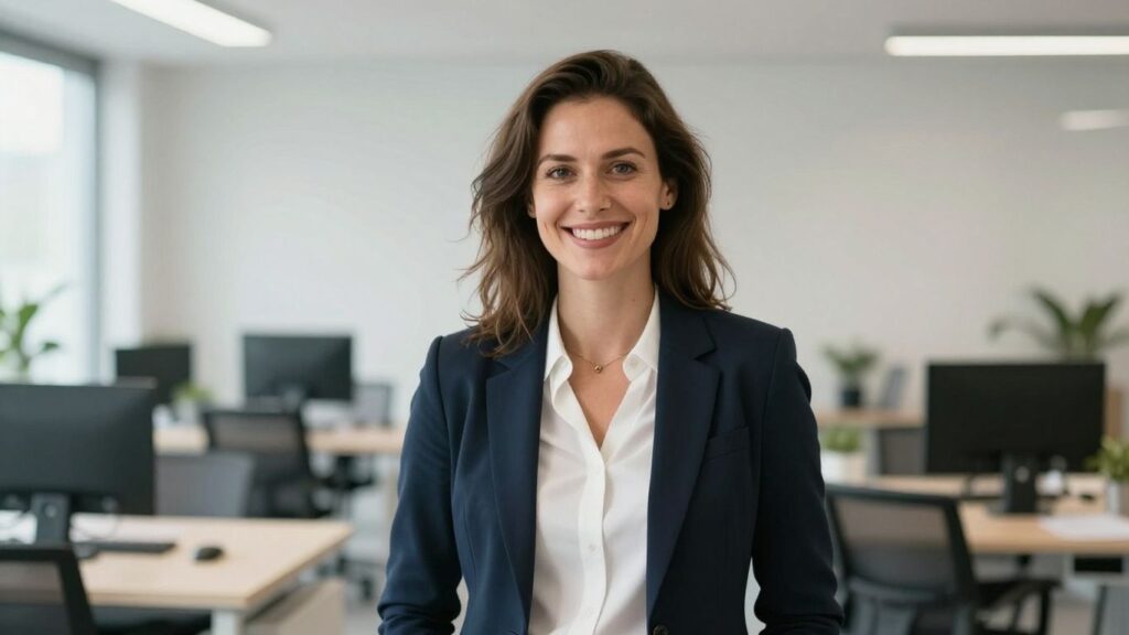 Lächelnde Person in hellem, modernem Umfeld