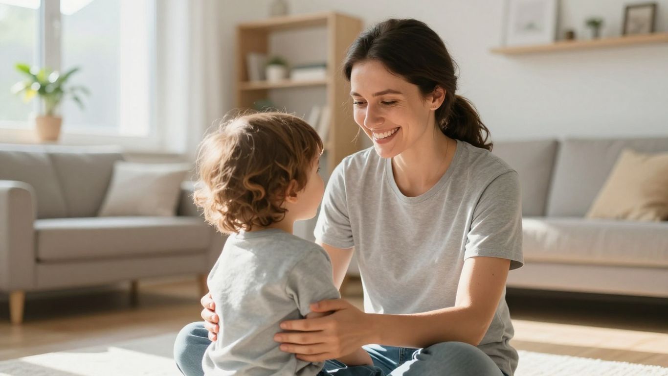 Glückliche Eltern mit Kind im hellen Zuhause
