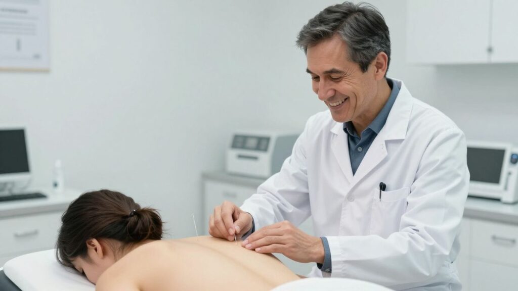 Arzt lächelt, Akupunkturnadeln am Rücken des Patienten.