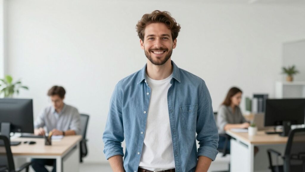 Lächelnde Person in hellem Büro
