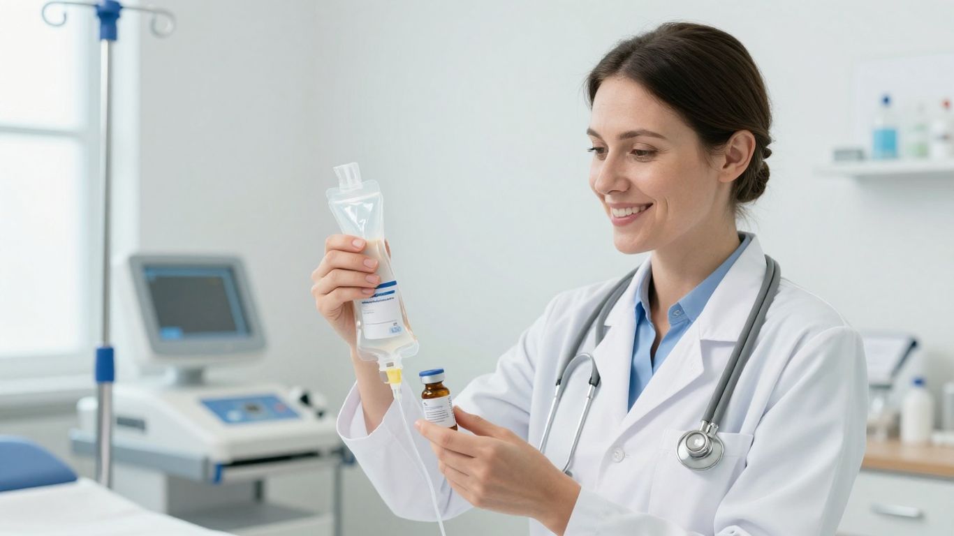 Europäischer Arzt hält Infusionsbeutel und Supplemente, lächelt freundlich.