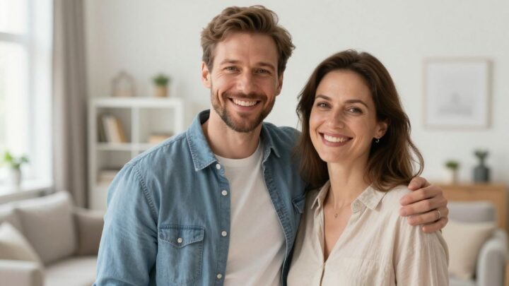 Glückliches Paar in moderner Wohnung
