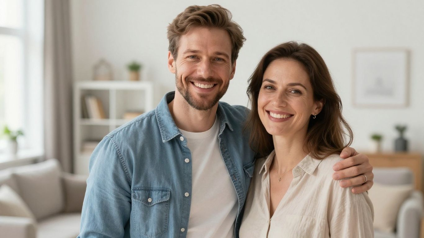 Glückliches Paar in moderner Wohnung