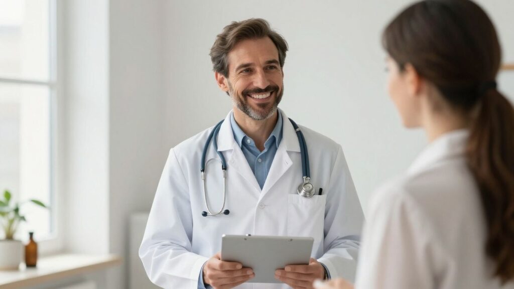 Arzt lächelt in heller Klinik
