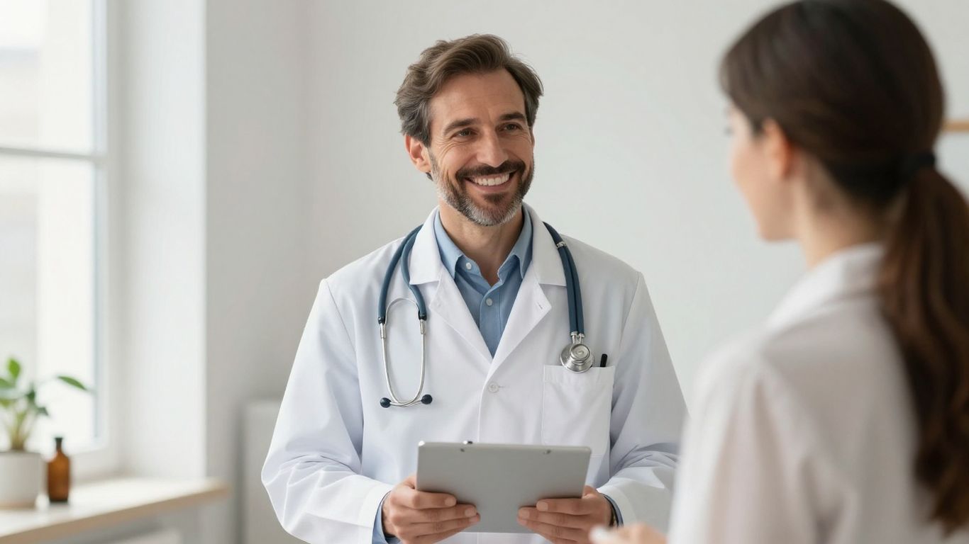 Arzt lächelt in heller Klinik