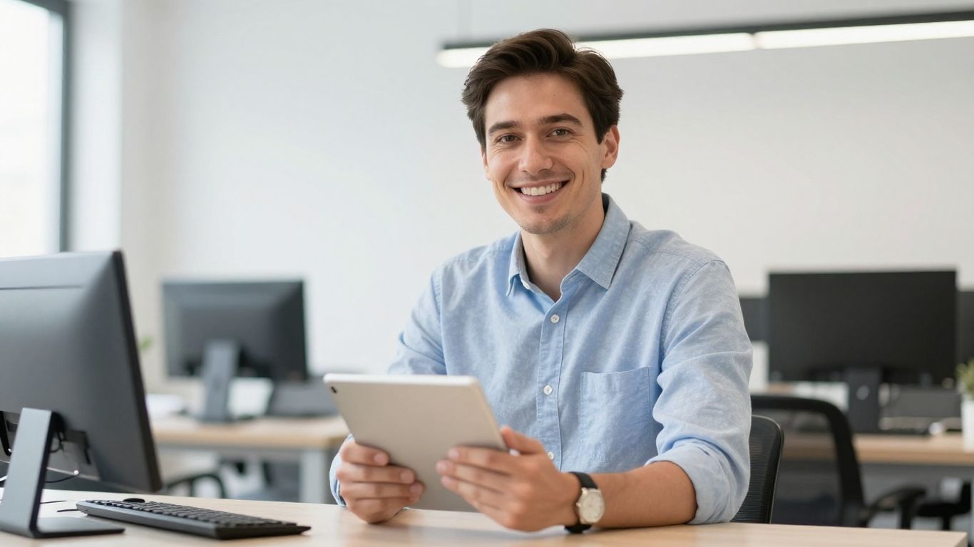 Lächelnde Person mit Tablet im Büro