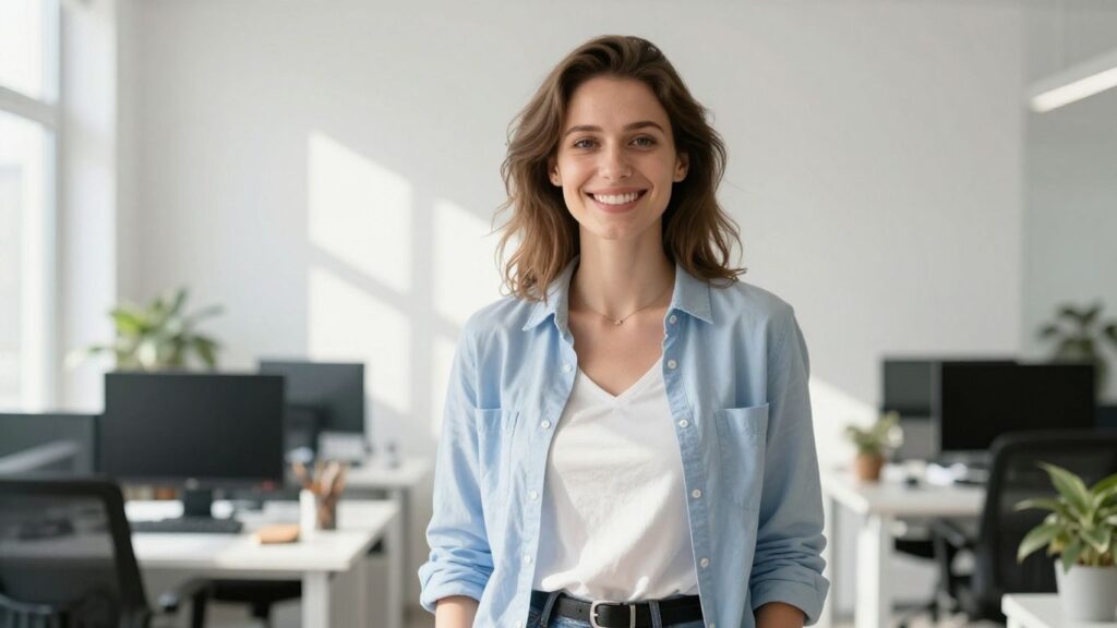 Lächelnde Person in hellem, modernem Büro