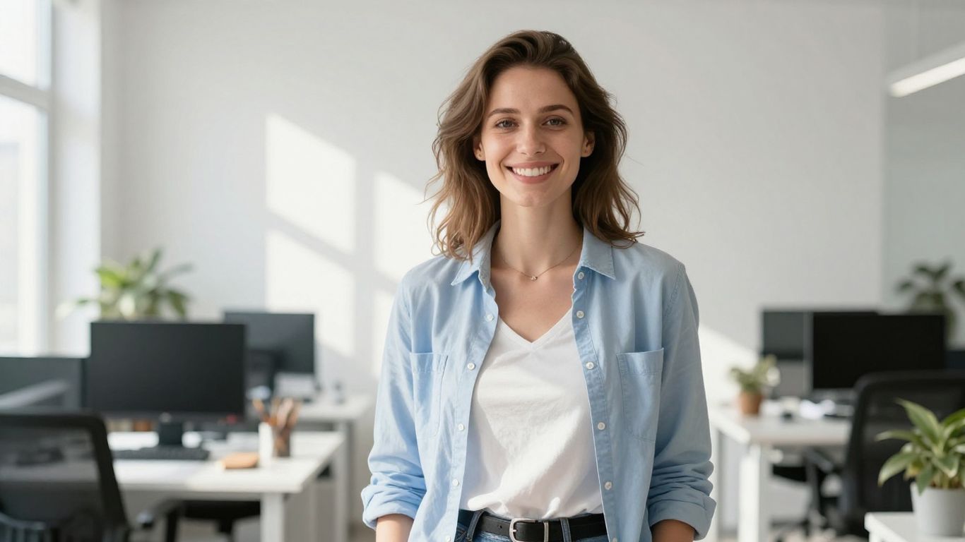 Lächelnde Person in hellem, modernem Büro