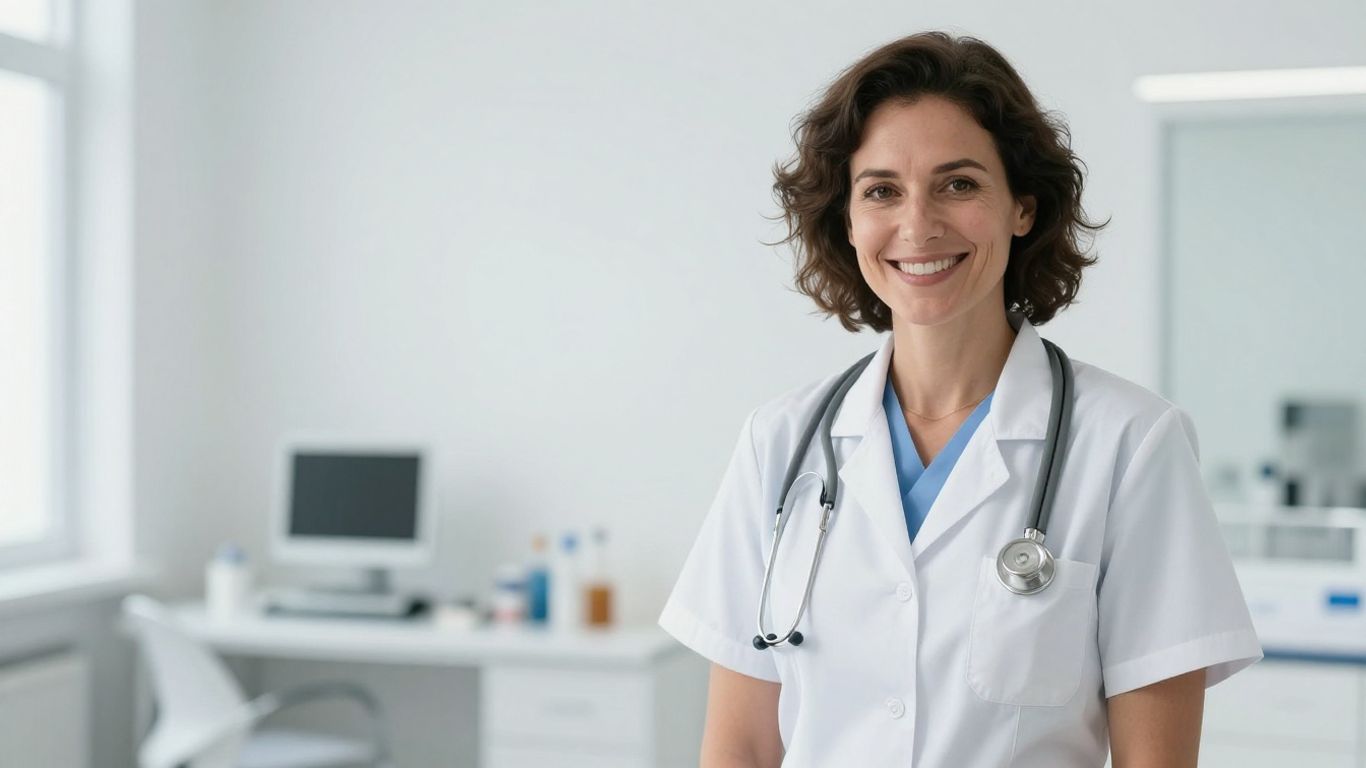 Arzt lächelt in heller Klinikumgebung