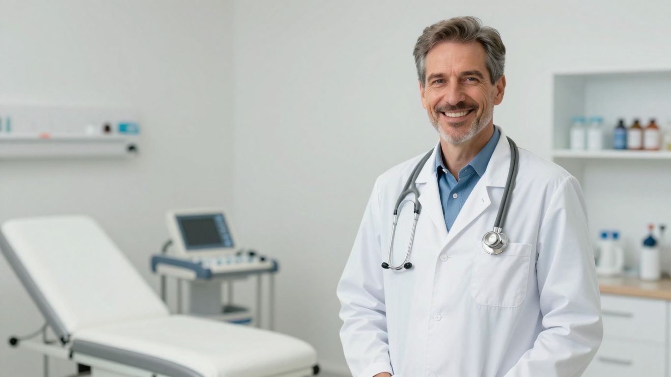 Arzt lächelt in heller, moderner Klinikumgebung.
