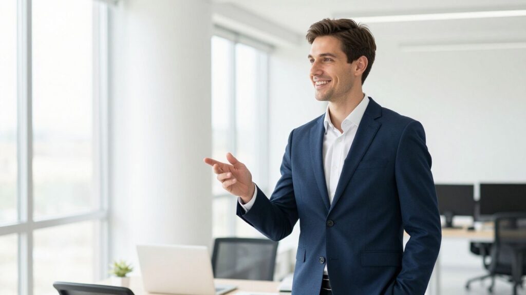 Unternehmer lächelt in modernem Büro