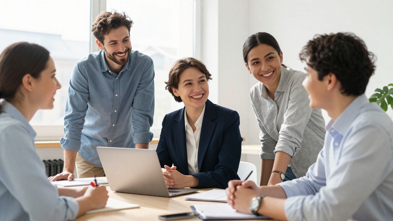 Europäische Menschen lächeln in einem modernen Büro.