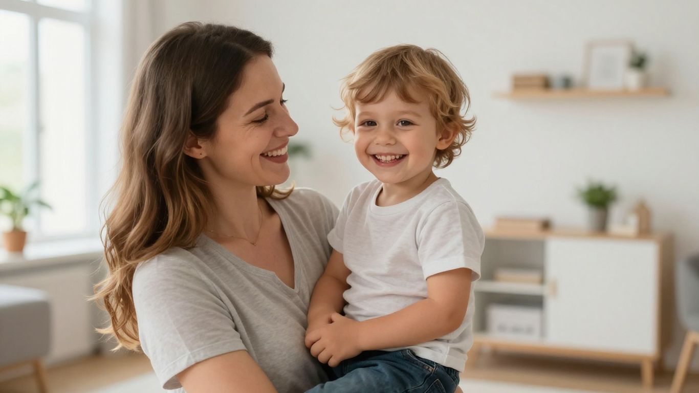 Glückliche Familie in hellem, modernem Zuhause