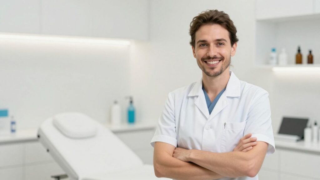 Arzt lächelt, glatte Haut, Botox-Behandlung