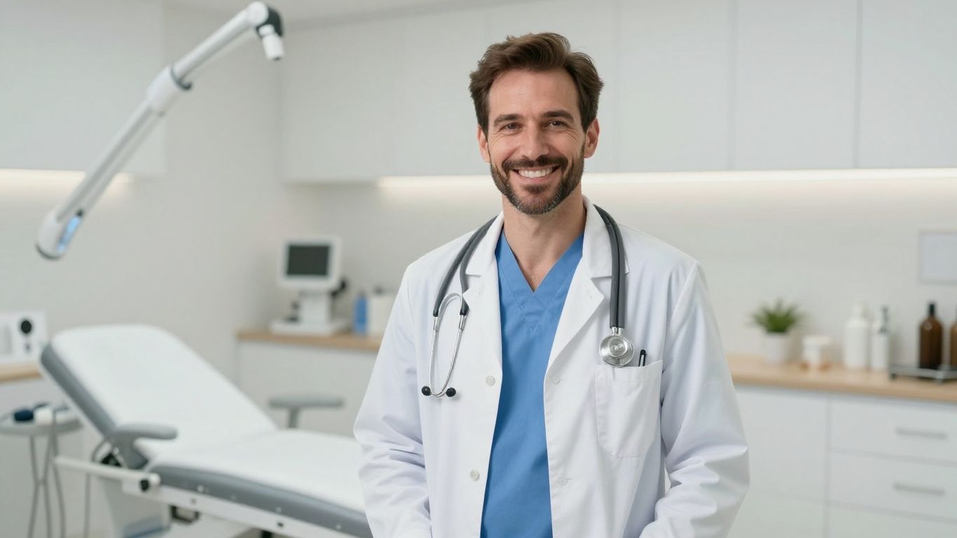 Arzt lächelt in heller, moderner Klinik für ästhetische Medizin.