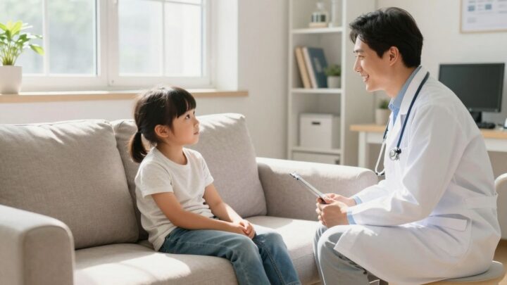 Arzt lächelt Kind in hellem Therapieraum an.