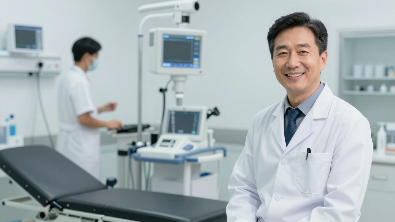 Lächelnder Arzt in heller Klinik Umgebung