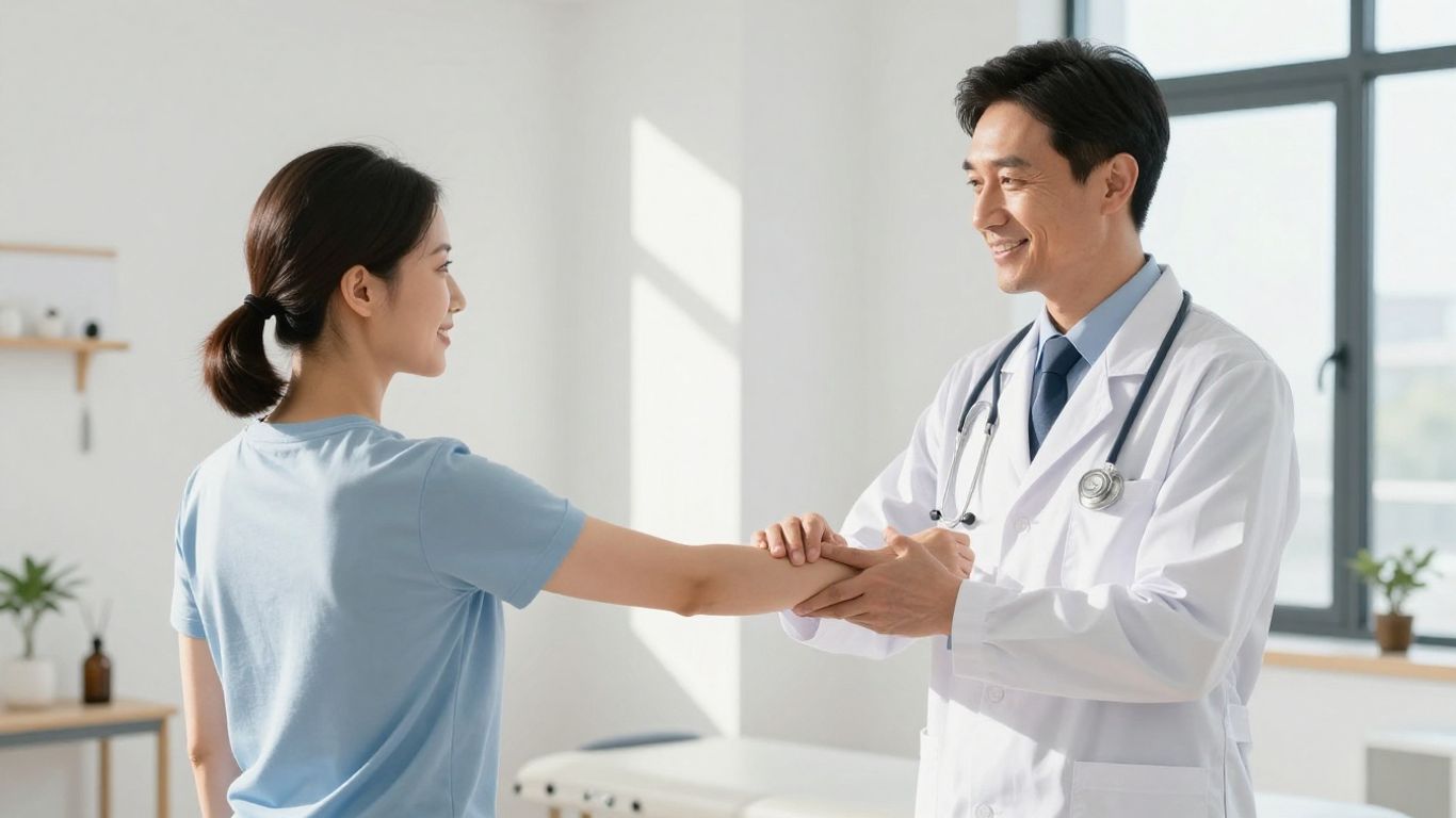 Arzt lächelt, Patient macht Übungen in heller Praxis.