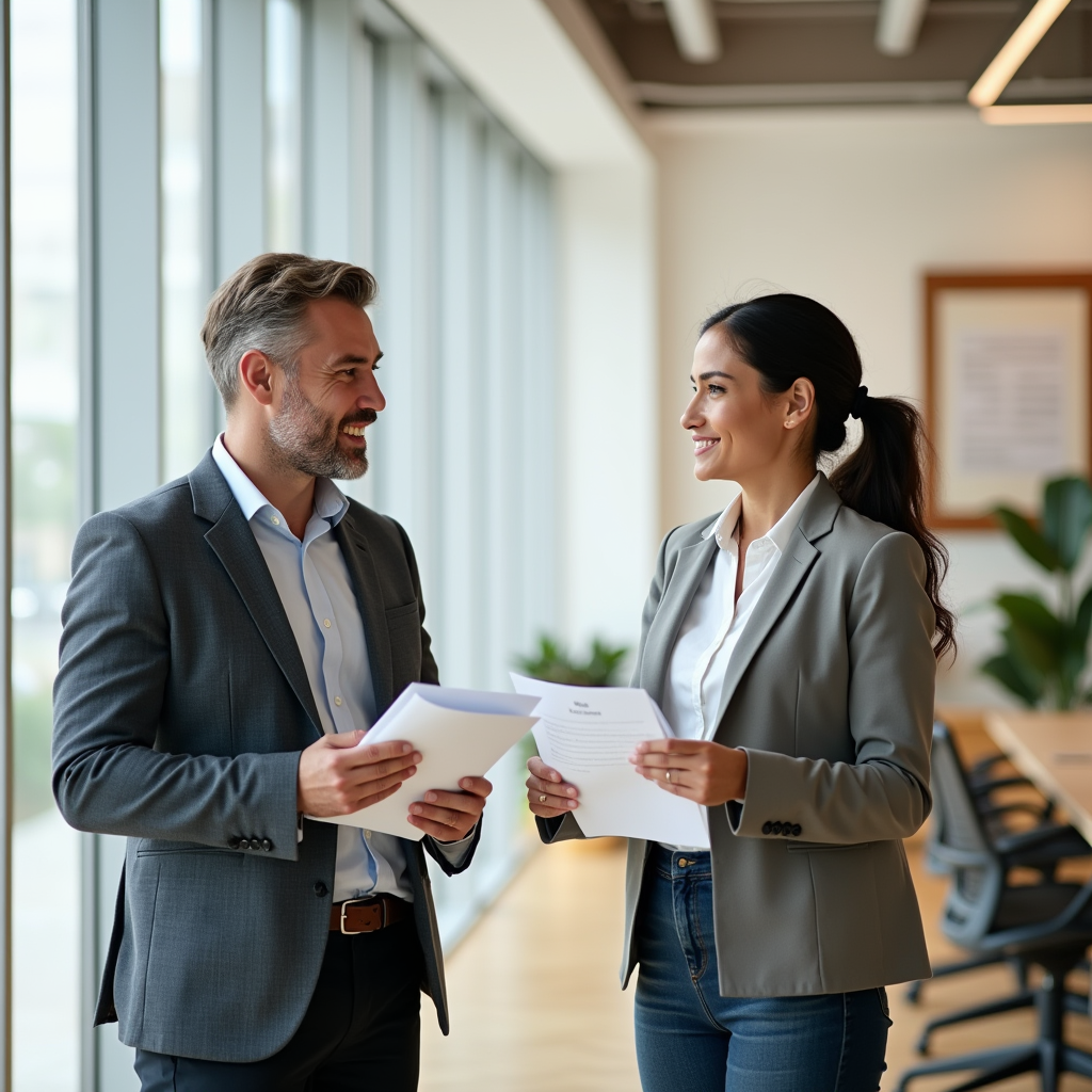 Zwei Personen diskutieren Gesundheitsreform in modernem Büro