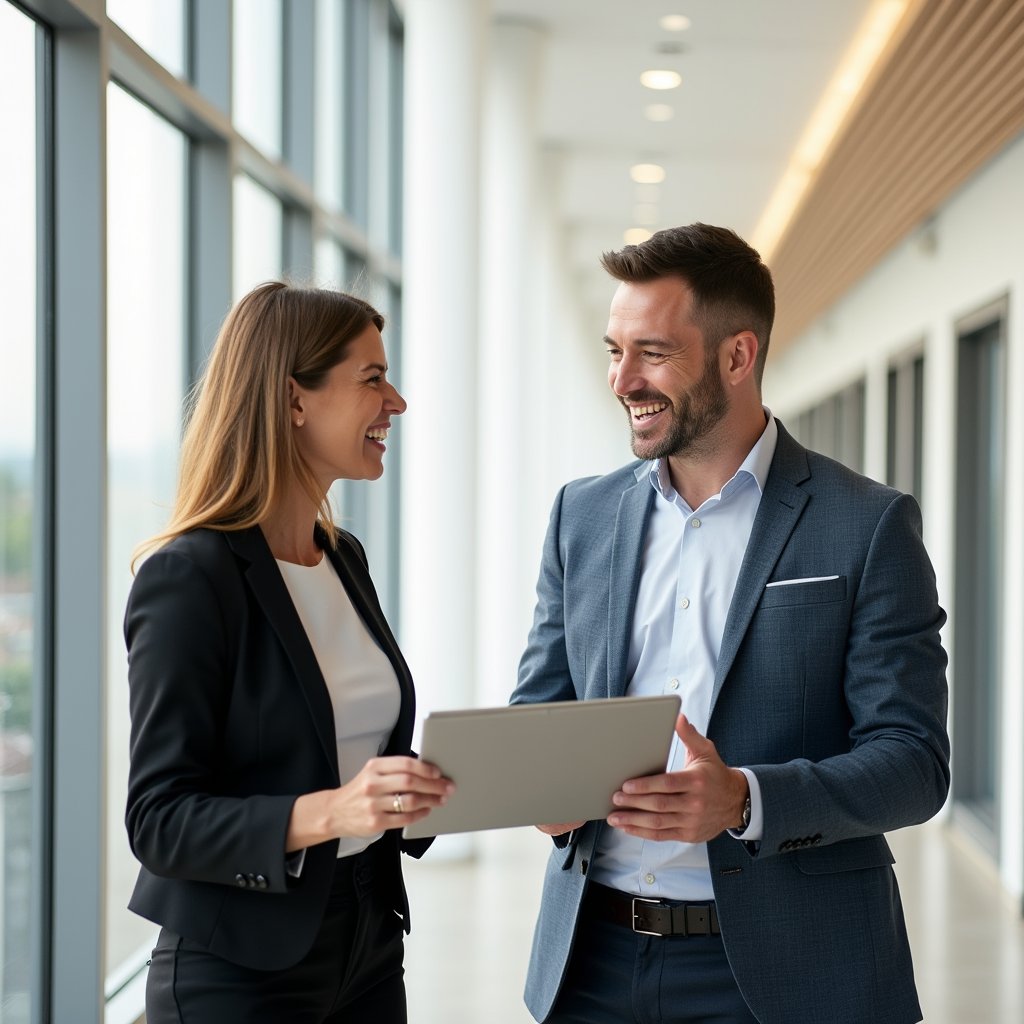 Zwei Personen in einem modernen Büro sprechen über Versicherungsbeiträge