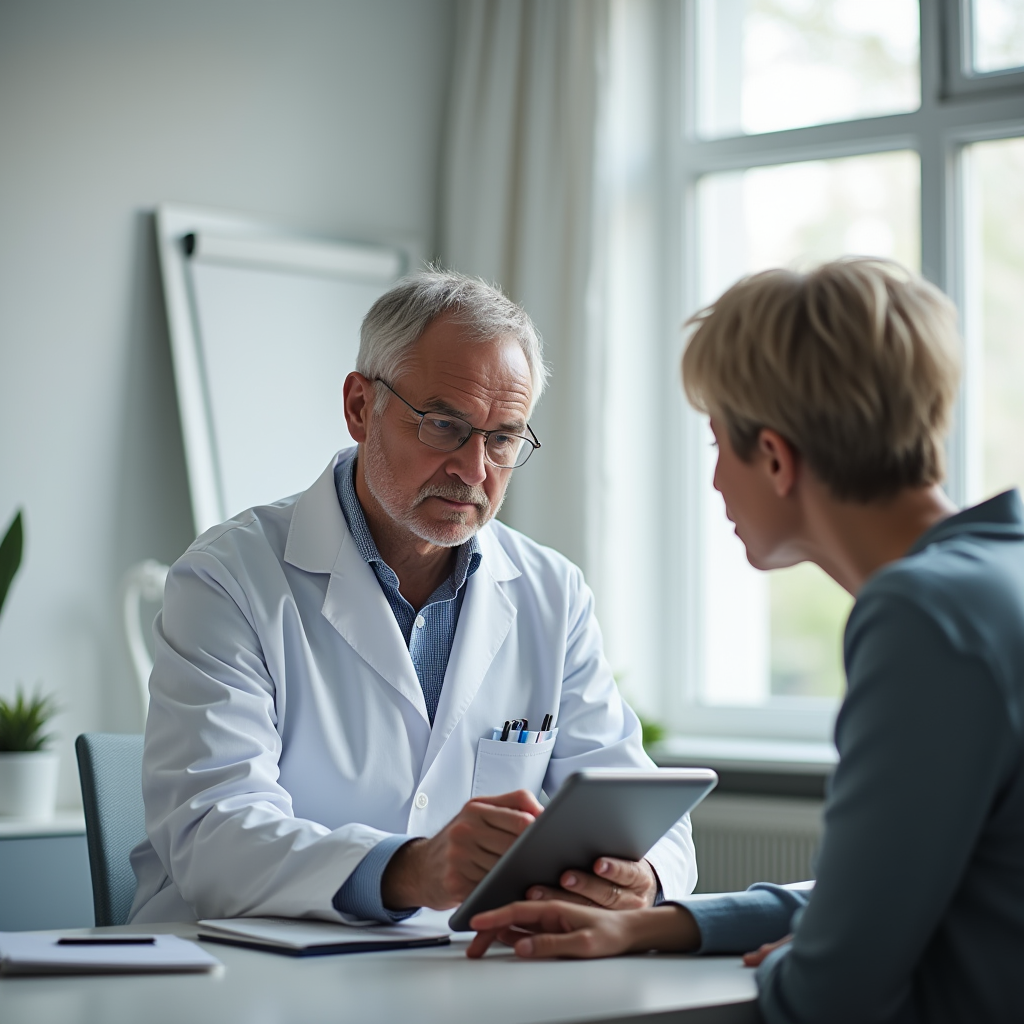 Zahnarzt zeigt Patient Zahnersatzoptionen auf einem Modell